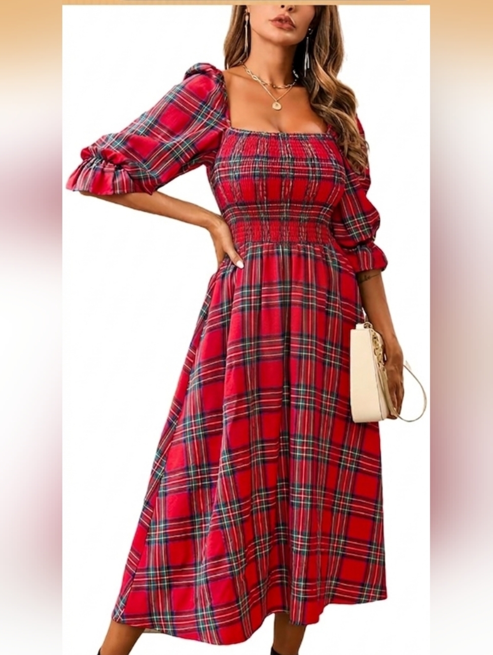 Cupshe Red Plaid Smocked Midi Dress with Puff Sleeves Size Medium NWT No Belt